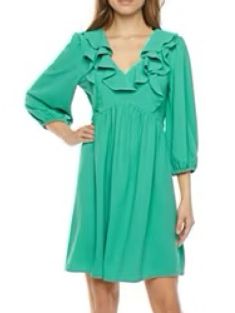 Melonie T 3/4 Sleeve Ruffle V-Neck Babydoll Dress